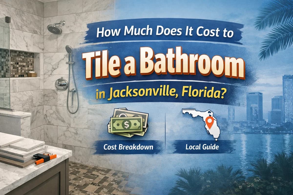 Modern bathroom with freshly installed floor and shower tile, tile samples and tools on the floor, representing bathroom tile installation costs in Jacksonville, Florida."